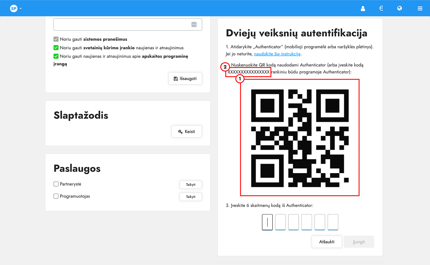 2FA QR kodo nuskaitymas Site.pro lange